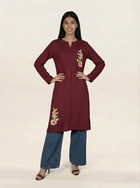 Embroidered Linen Red Kurti