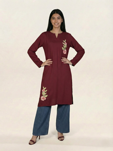 Embroidered Linen Red Kurti