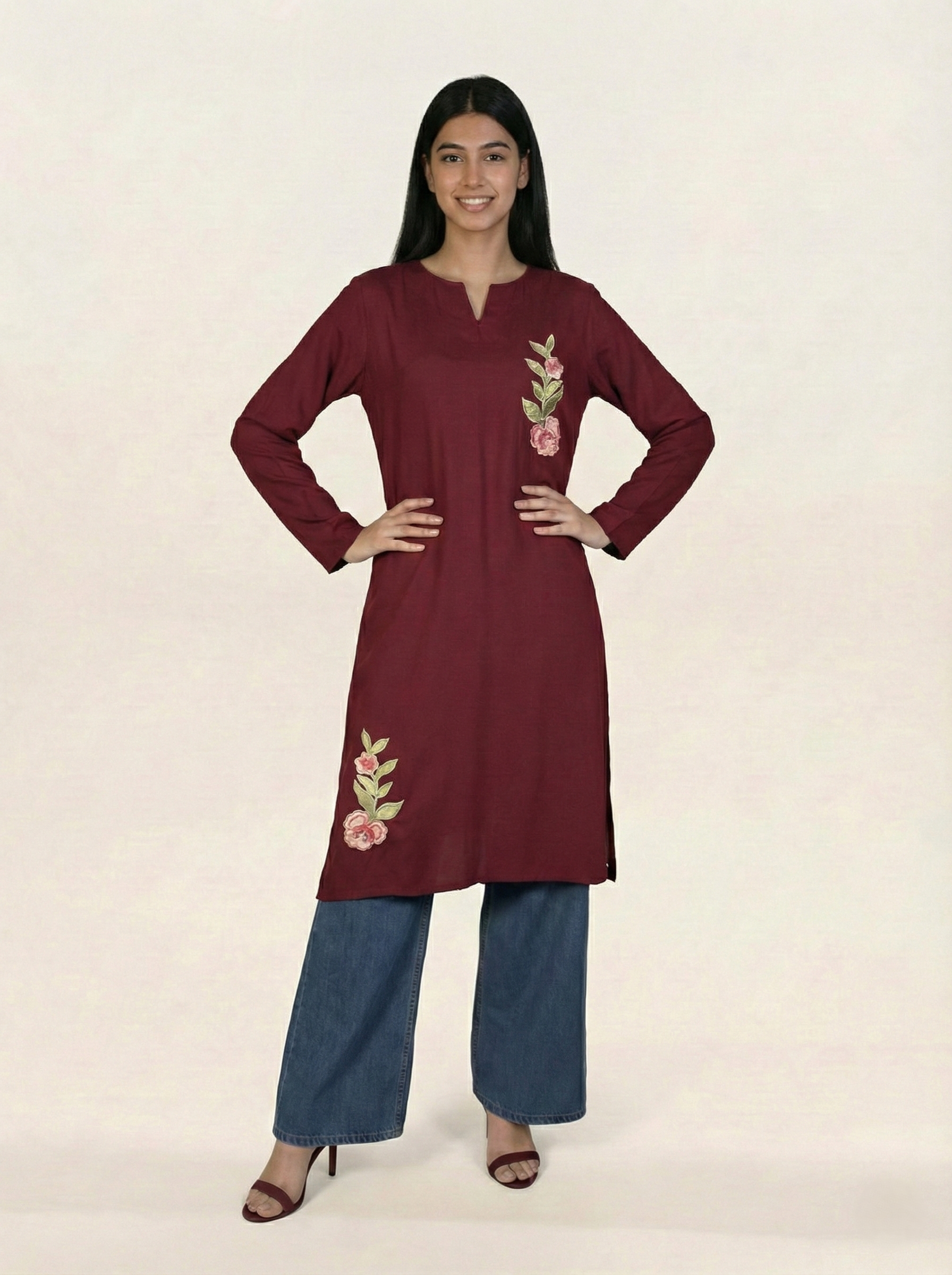 Embroidered Linen Red Kurti