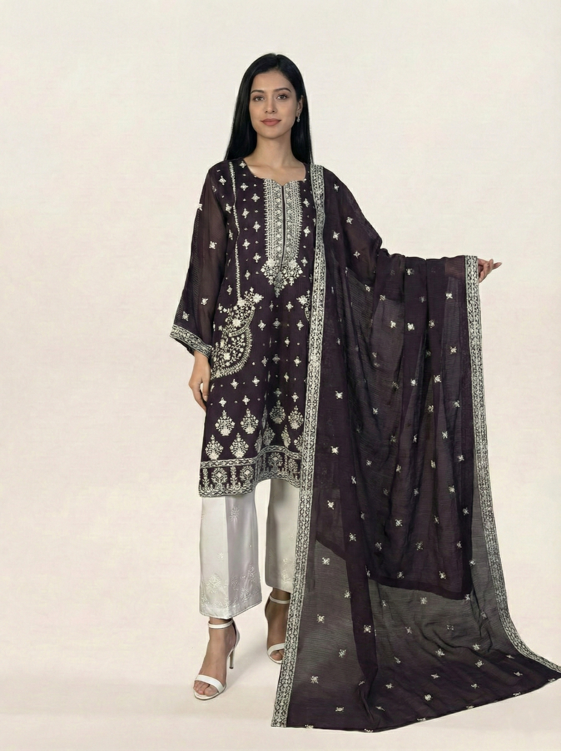 Embroidered Khaadi-Net Kurta Dupatta Purple