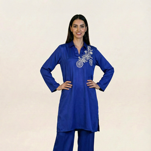 Embroidered Royal Blue Silk Suit (2-Piece)