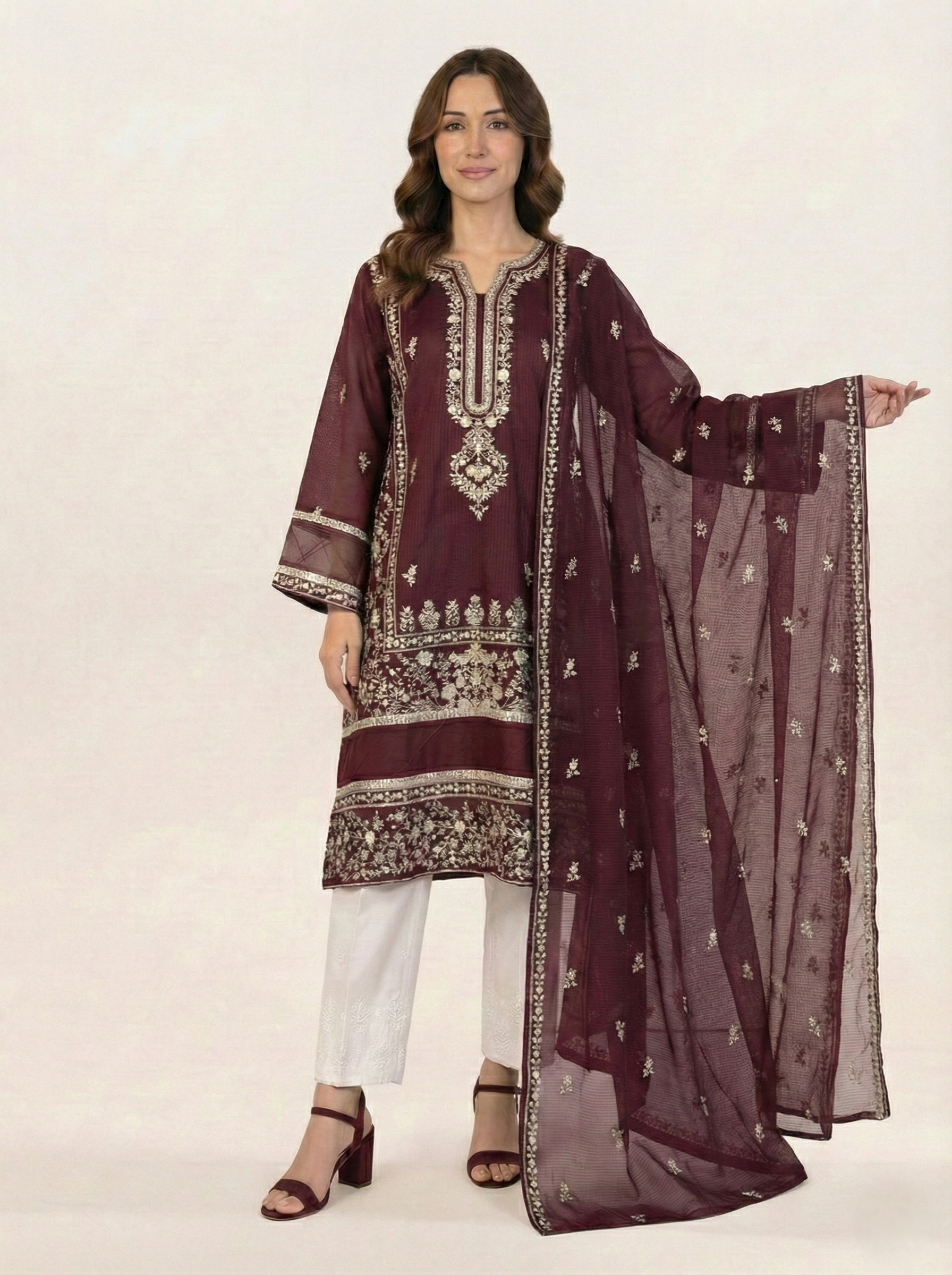 Embroidered Khaadi-Net Kurta and Dupatta Maroon