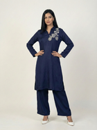 Embroidered Navy Blue Silk Suit (2-Piece)