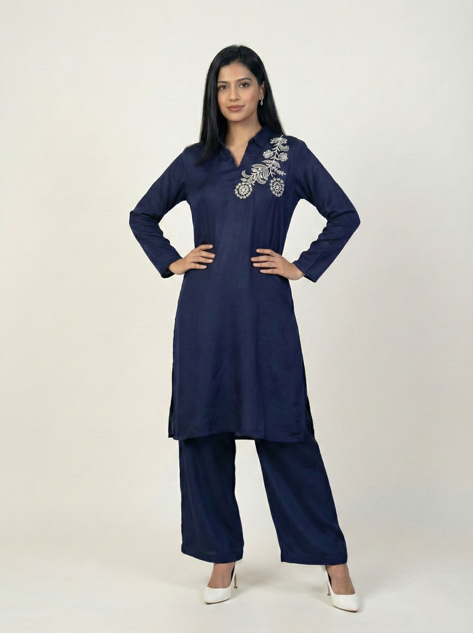 Embroidered Navy Blue Silk Suit (2-Piece)