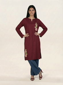 Embroidered Linen Red Kurti