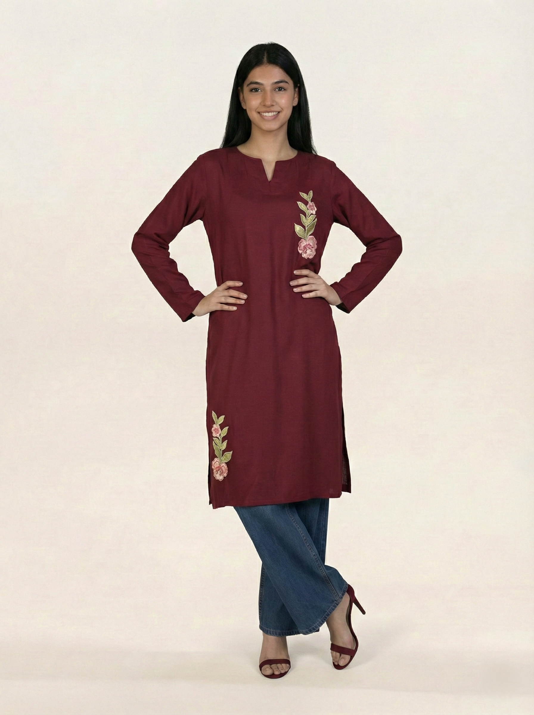 Embroidered Linen Red Kurti