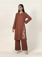 Linen Embroidered 2 Piece Suit Solid Rust