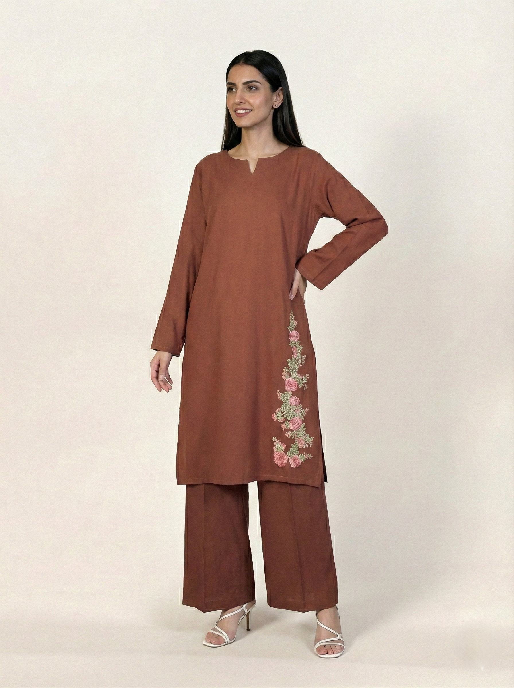 Linen Embroidered 2 Piece Suit Solid Rust