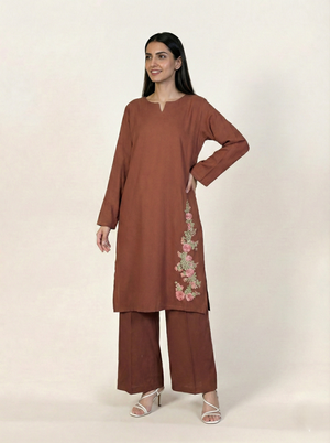 Linen Embroidered 2 Piece Suit Solid Rust