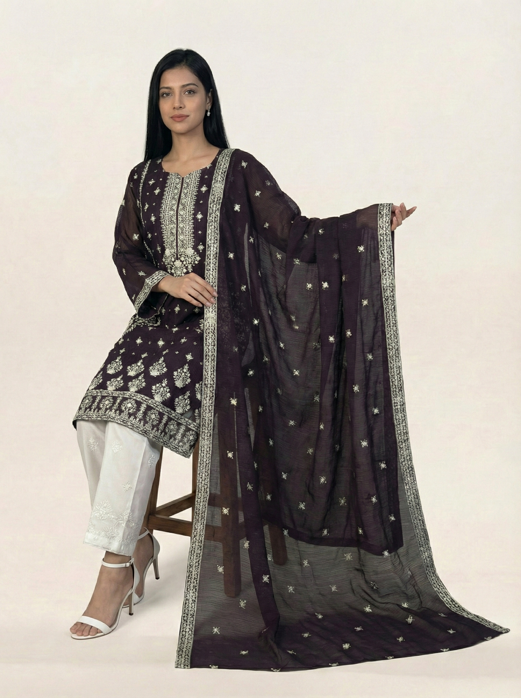 Embroidered Khaadi-Net Kurta Dupatta Purple