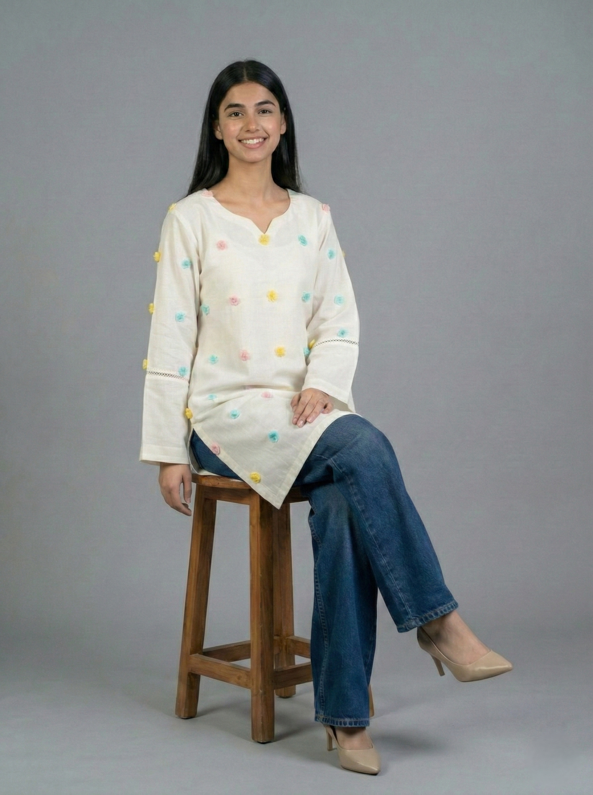 Embellished off-White Khaddar Shirt