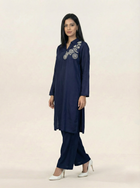 Embroidered Navy Blue Silk Suit (2-Piece)