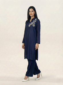 Embroidered Navy Blue Silk Suit (2-Piece)