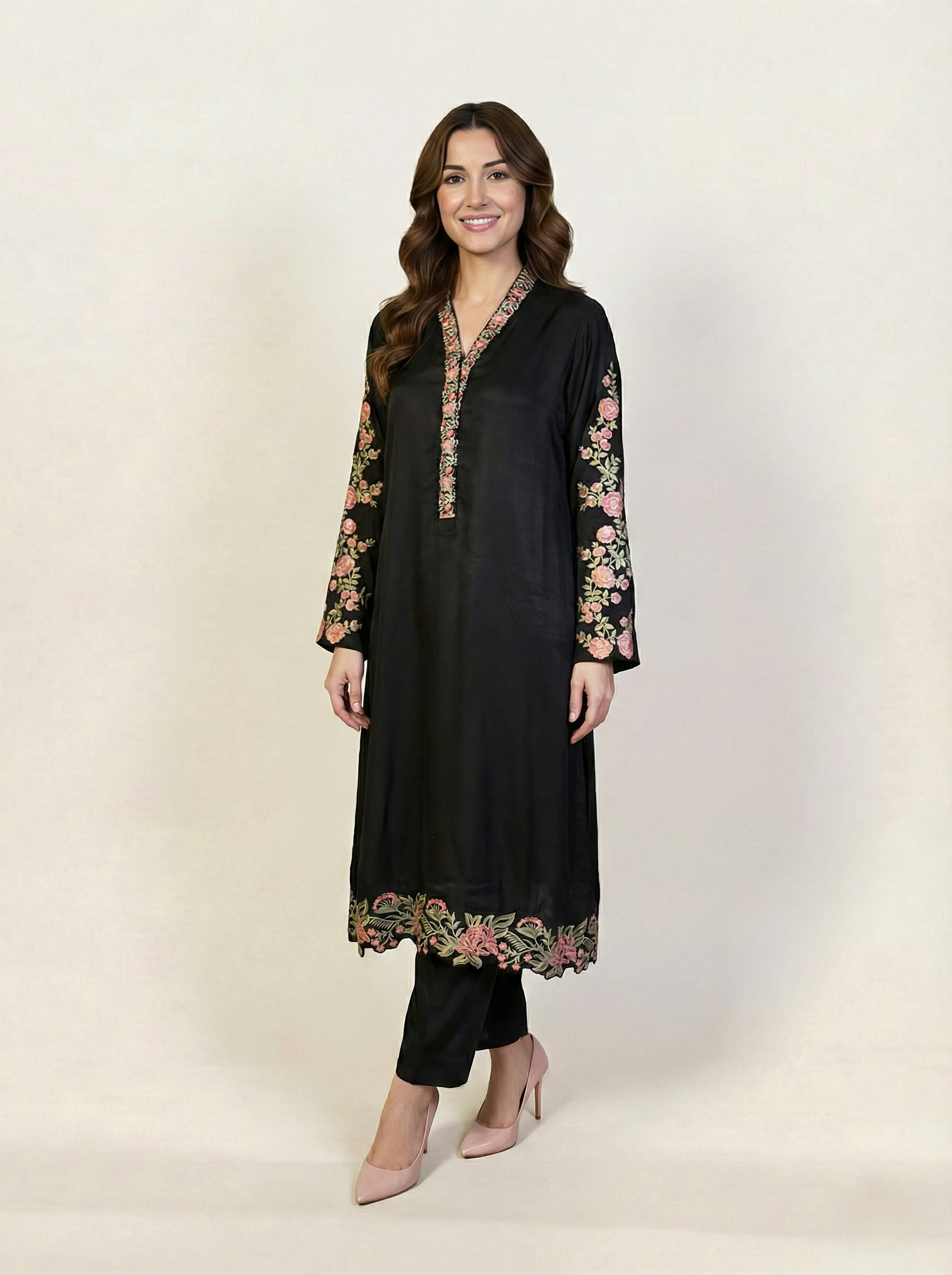 Embroidered Black Silk Suit (2-Piece)