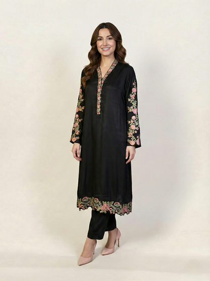 Embroidered Black Silk Suit (2-Piece)