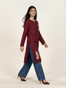 Embroidered Linen Red Kurti