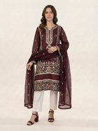 Embroidered Khaadi-Net Kurta and Dupatta Maroon