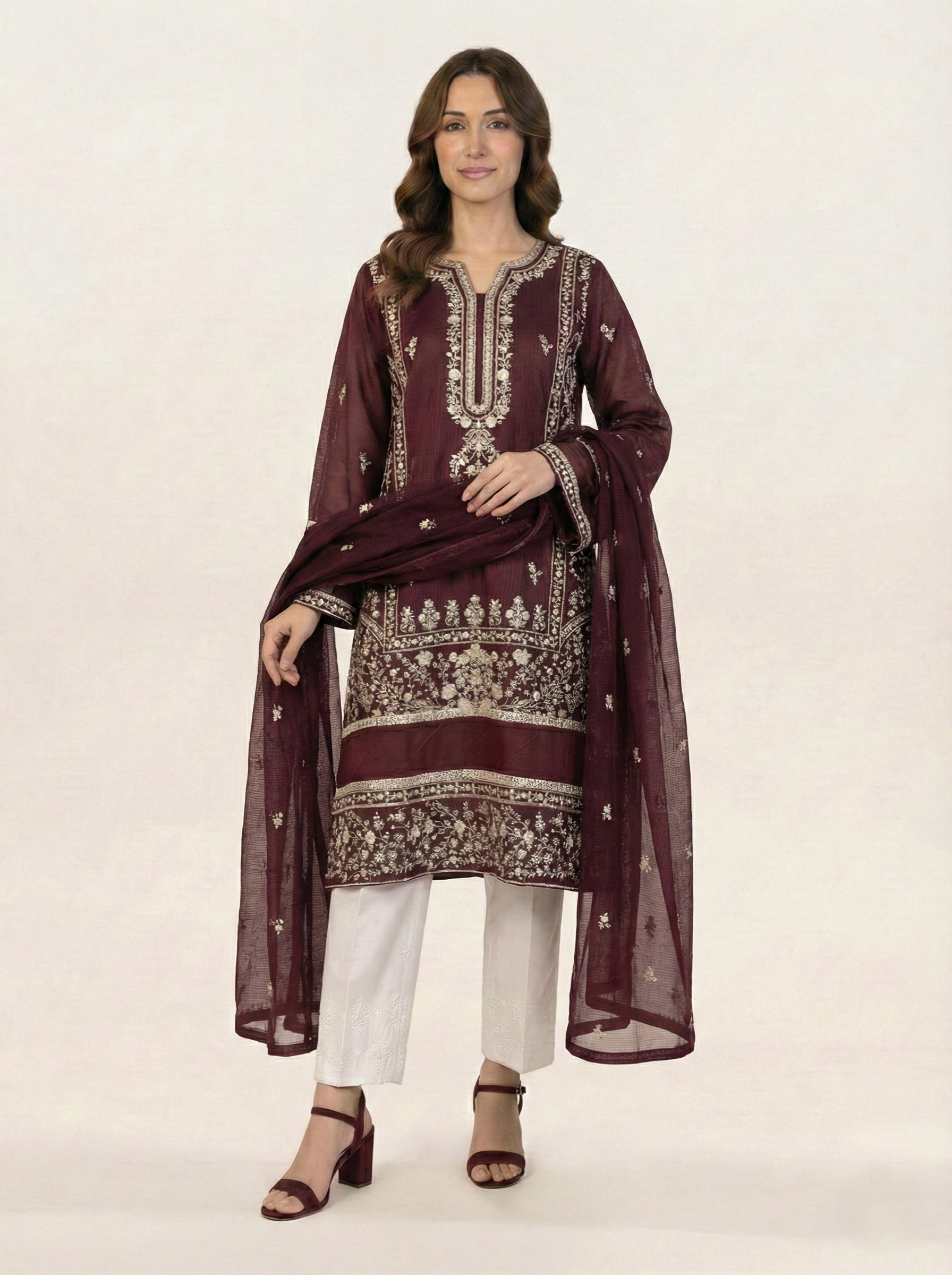 Embroidered Khaadi-Net Kurta and Dupatta Maroon