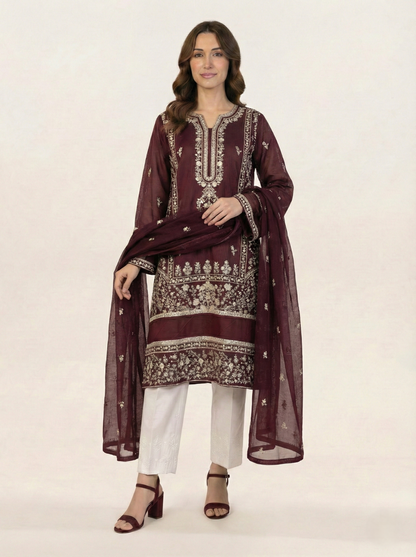 Embroidered Khaadi-Net Kurta and Dupatta Maroon