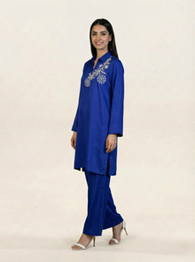 Embroidered Royal Blue Silk Suit (2-Piece)