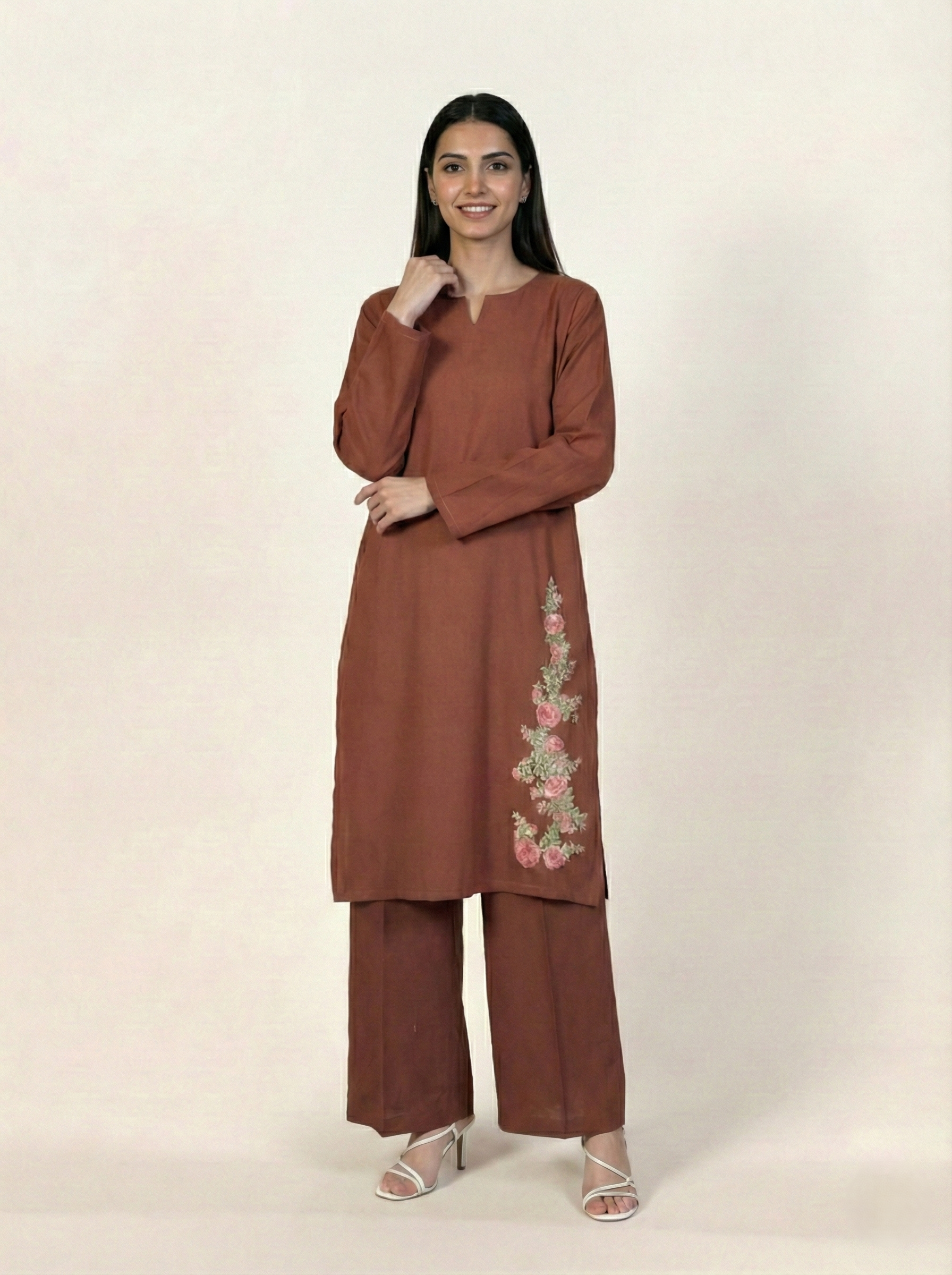 Linen Embroidered 2 Piece Suit Solid Rust