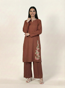 Linen Embroidered 2 Piece Suit Solid Rust