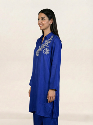 Embroidered Royal Blue Silk Suit (2-Piece)