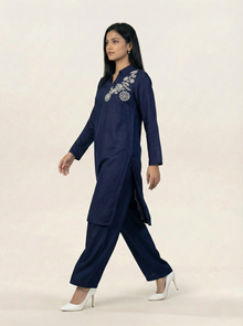 Embroidered Navy Blue Silk Suit (2-Piece)