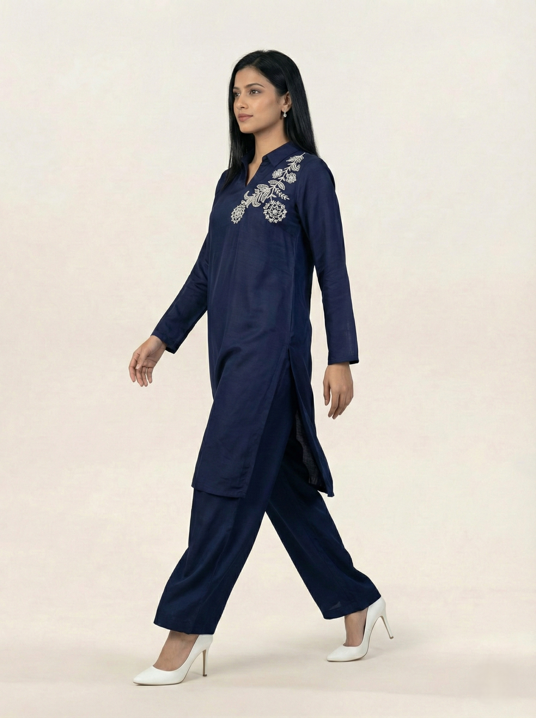 Embroidered Navy Blue Silk Suit (2-Piece)
