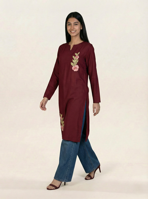 Embroidered Linen Red Kurti