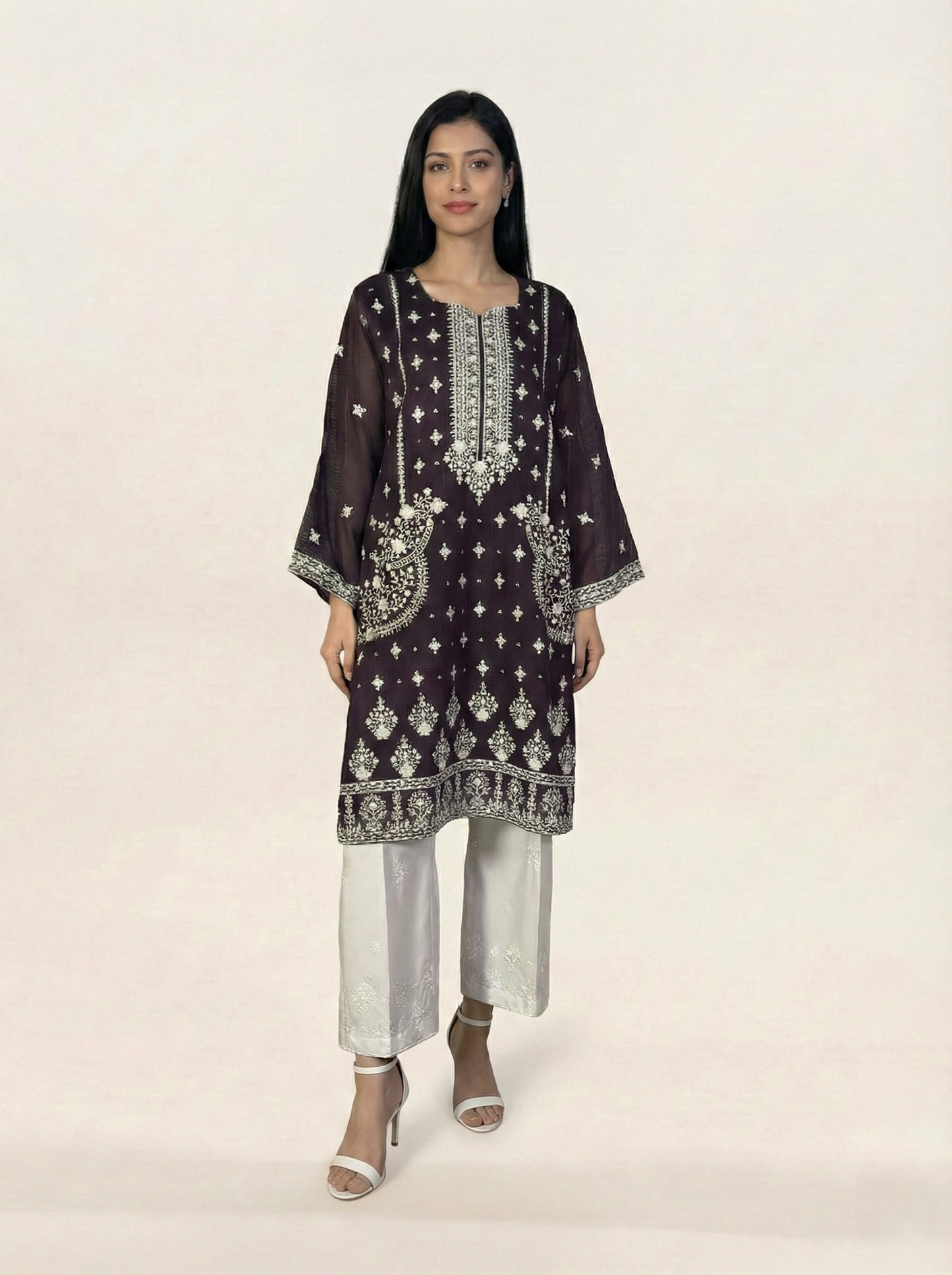 Embroidered Khaadi-Net Kurta Dupatta Purple