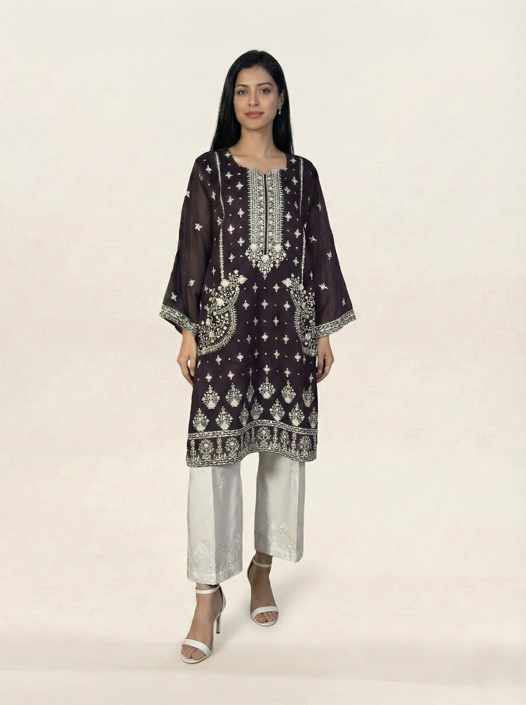 Embroidered Khaadi-Net Kurta Dupatta Purple