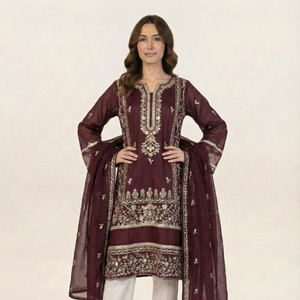 Embroidered Khaadi-Net Kurta and Dupatta Maroon