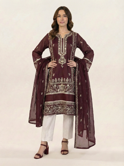Embroidered Khaadi-Net Kurta and Dupatta Maroon