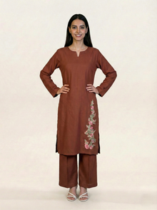 Linen Embroidered 2 Piece Suit Solid Rust