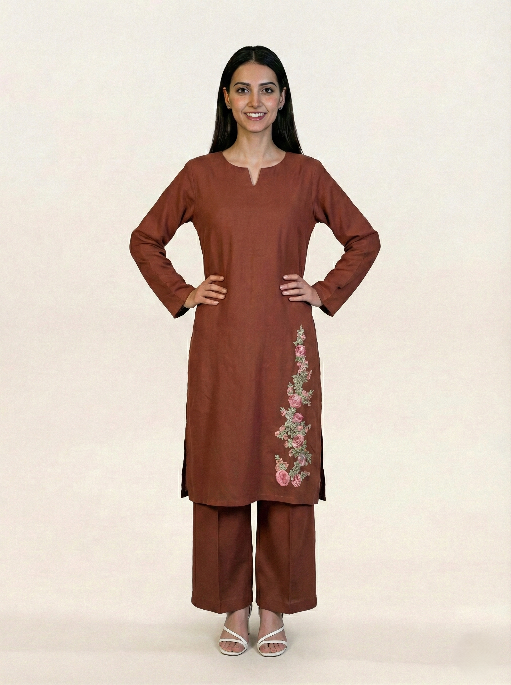 Linen Embroidered 2 Piece Suit Solid Rust