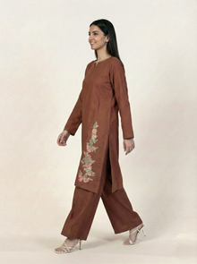 Linen Embroidered 2 Piece Suit Solid Rust