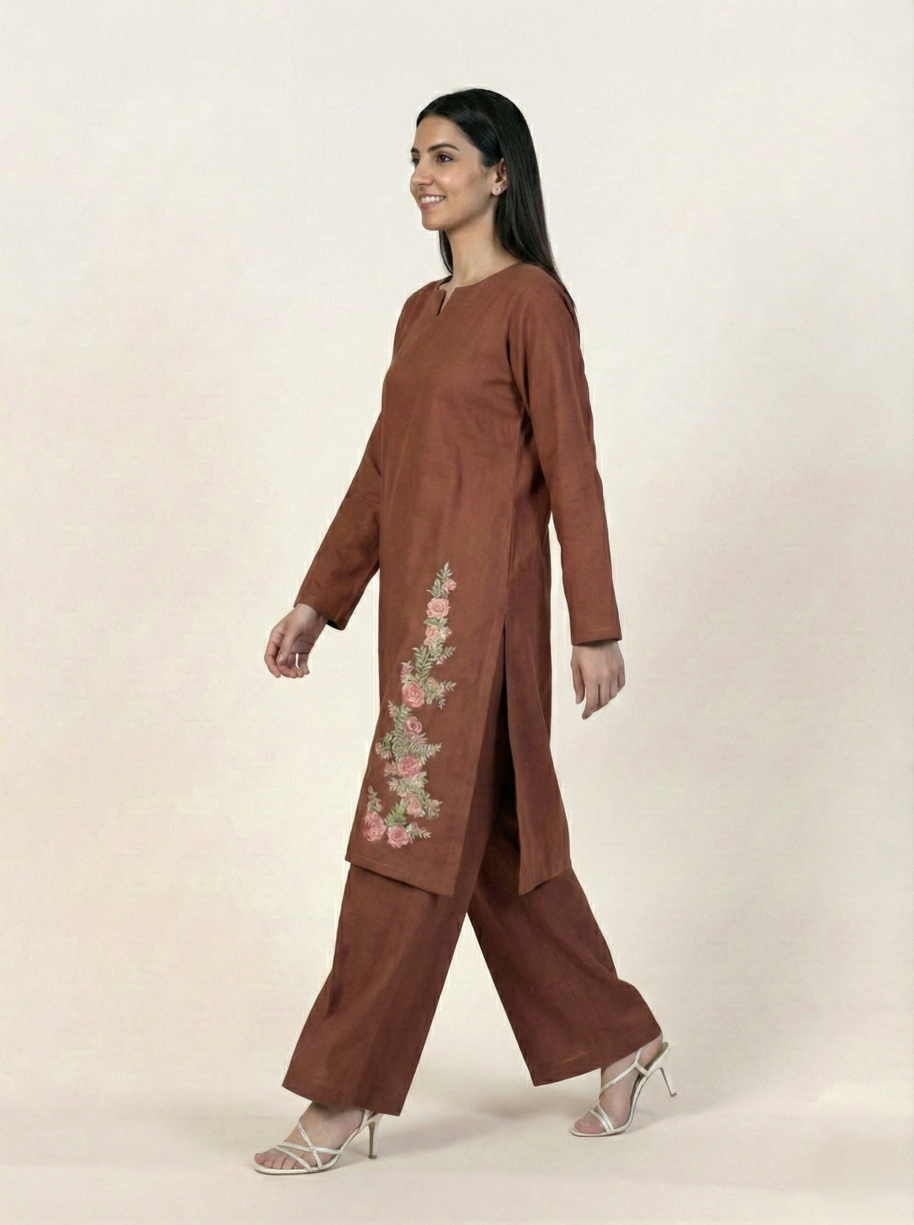 Linen Embroidered 2 Piece Suit Solid Rust