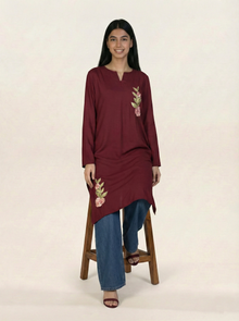 Embroidered Linen Red Kurti
