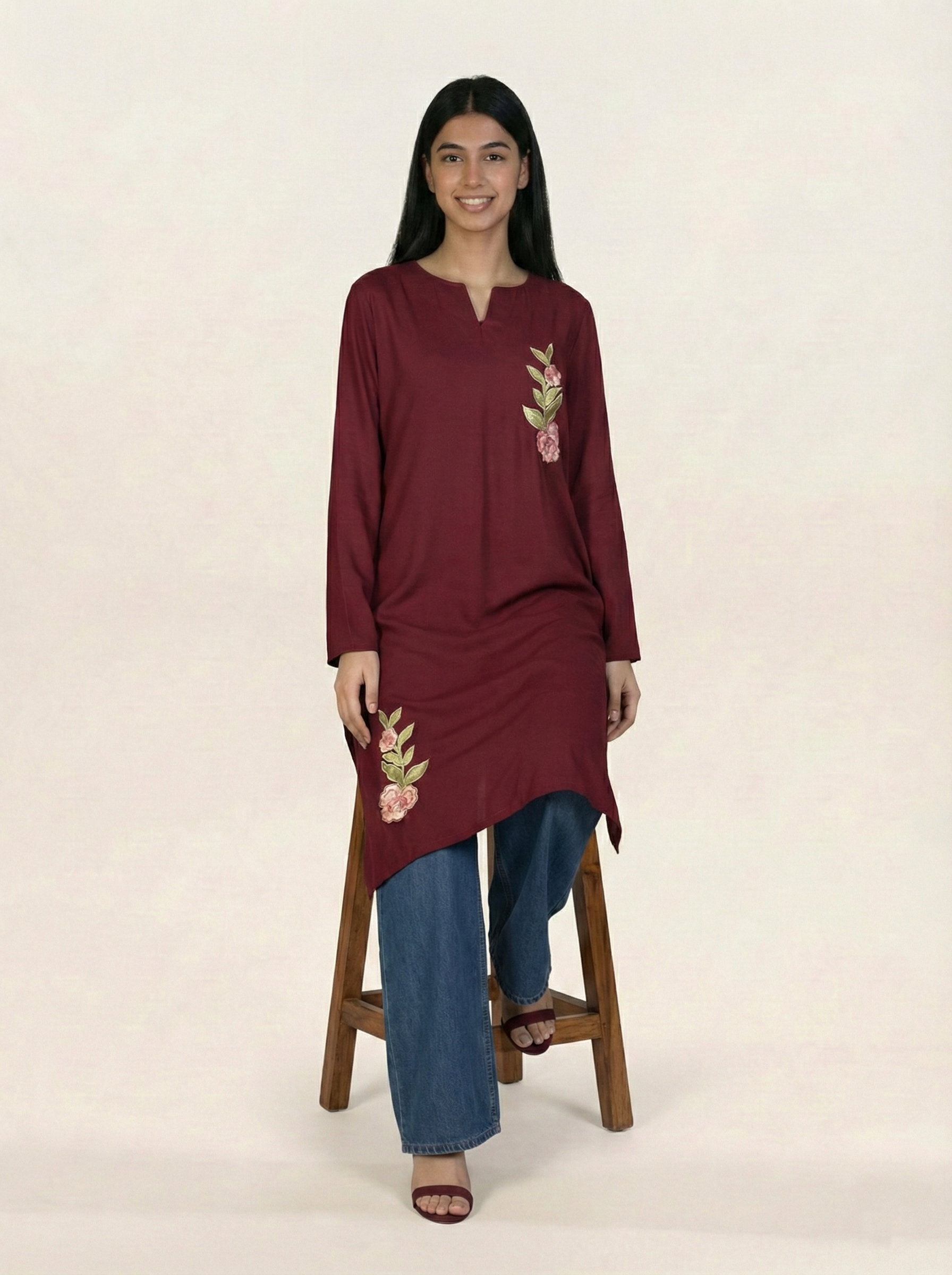 Embroidered Linen Red Kurti