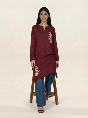 Embroidered Linen Red Kurti
