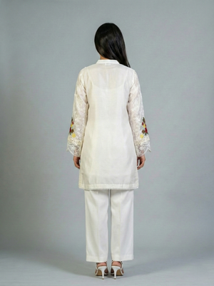 Embroidered Off-White Sheesha Silk Shirt
