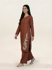 Linen Embroidered 2 Piece Suit Solid Rust
