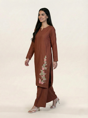 Linen Embroidered 2 Piece Suit Solid Rust