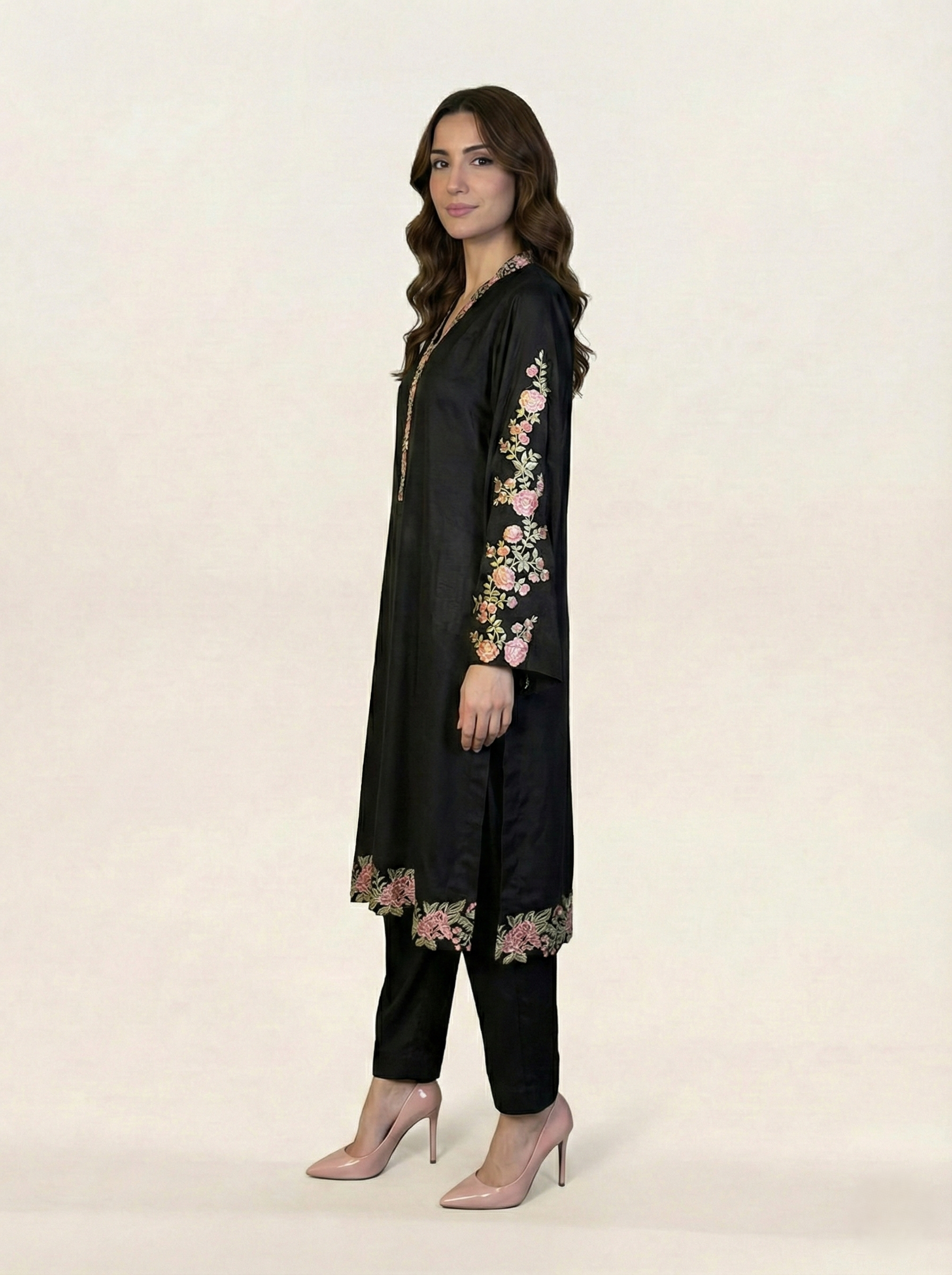 Embroidered Black Silk Suit (2-Piece)