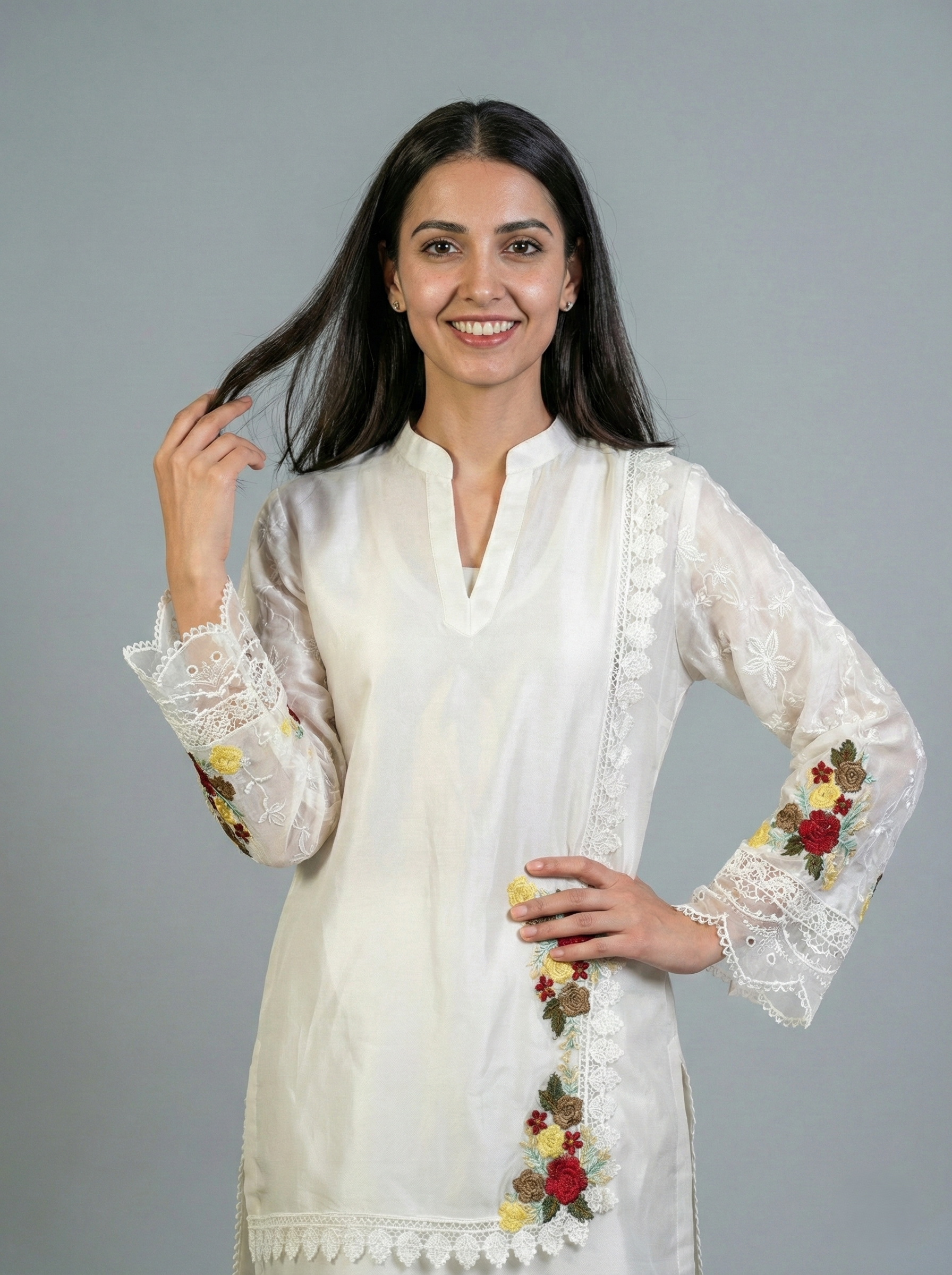 Embroidered Off-White Sheesha Silk Shirt
