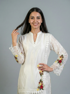 Embroidered Off-White Sheesha Silk Shirt