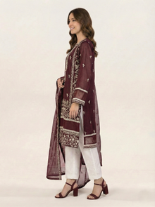 Embroidered Khaadi-Net Kurta and Dupatta Maroon
