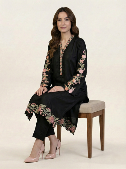 Embroidered Black Silk Suit (2-Piece)