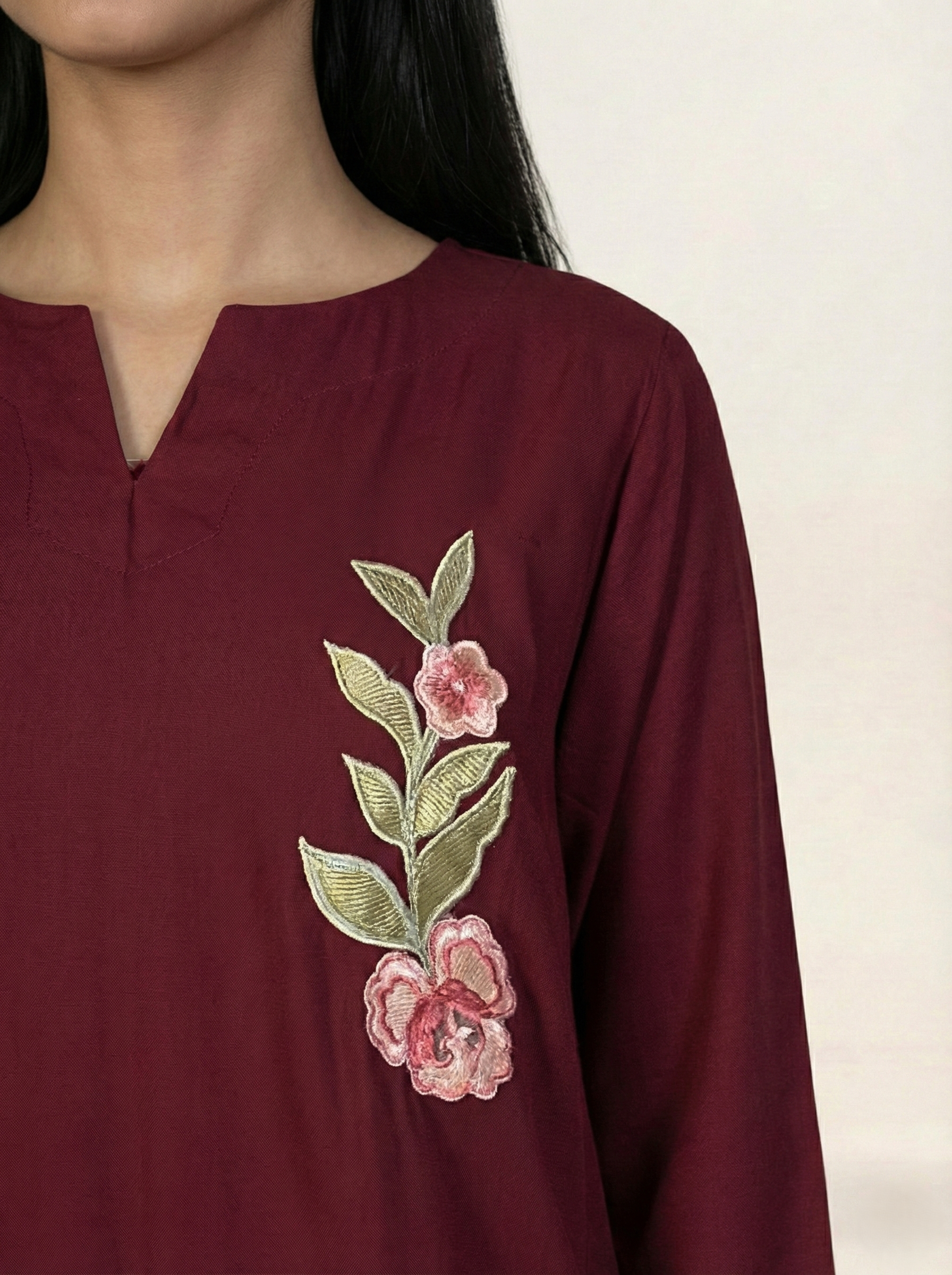 Embroidered Linen Red Kurti